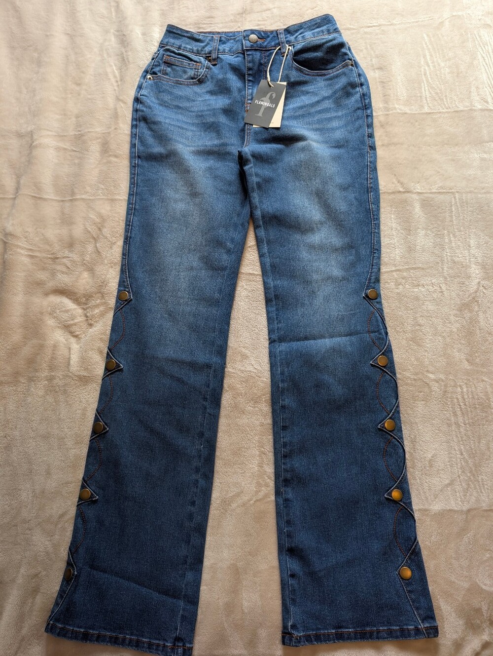 Flamingals Gold Button Detail Flare Jeans NWT Women's Small